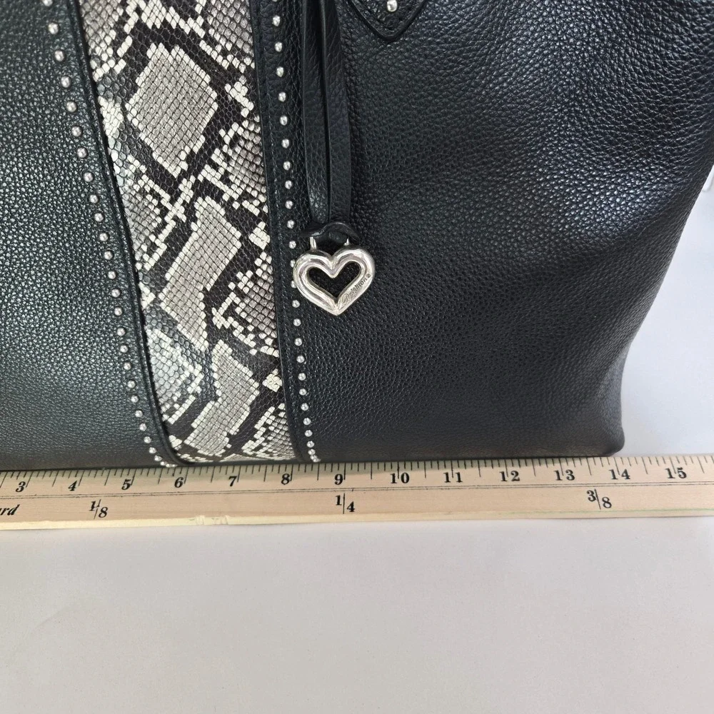 Brighton Tote Bag‎ Black Snakeskin Studded Leather Heart Charm Crossbody